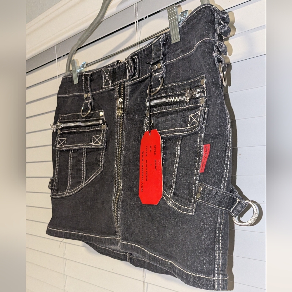NWT Tripp NYC Black Denim Women Sz L Mini Skirt Y2k Style Goth Grunge Punk